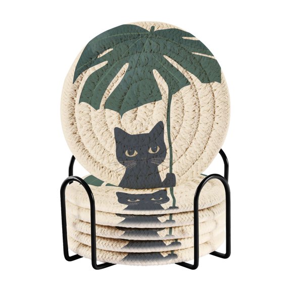 Yayeee 6 PCS Drink Coasters with Holder Set Woven Absorbent Round Tabletop Hot Pad, Black Cat Plants