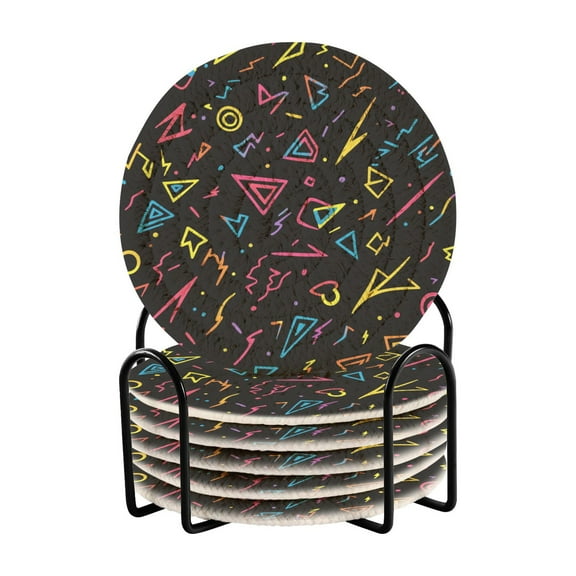 Yayeee 6 PCS Drink Coasters with Holder Set Woven Absorbent Round Tabletop Hot Pad, Black Neon Lightning