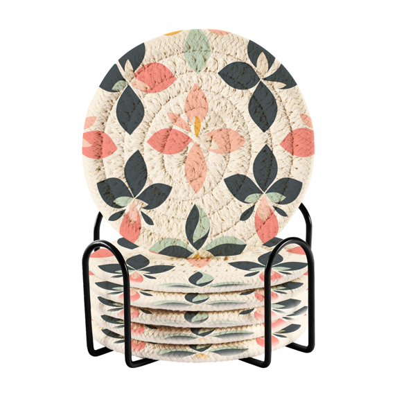 Yayeee 6 PCS Drink Coasters with Holder Set Woven Absorbent Round Tabletop Hot Pad, Black Retro Flower