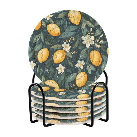 Yayeee 6 PCS Drink Coasters with Holder Set Woven Absorbent Round Tabletop Hot Pad, Blue Floral Lemons