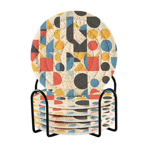 Yayeee 6 PCS Drink Coasters with Holder Set Woven Absorbent Round Tabletop Hot Pad, Blue Geometric