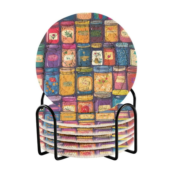 Yayeee 6 PCS Drink Coasters with Holder Set Woven Absorbent Round Tabletop Hot Pad, Blue Jam