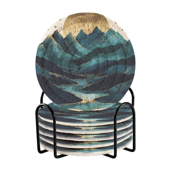 Yayeee 6 PCS Drink Coasters with Holder Set Woven Absorbent Round Tabletop Hot Pad, Blue Mountains