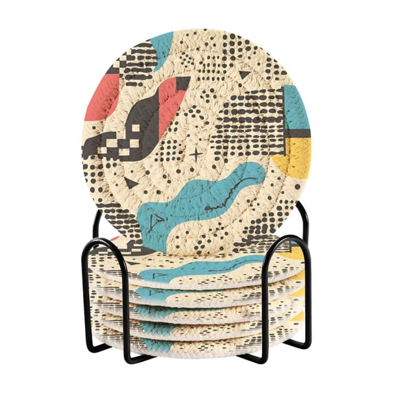 Yayeee 6 PCS Drink Coasters with Holder Set Woven Absorbent Round Tabletop Hot Pad, Blue Retro Print