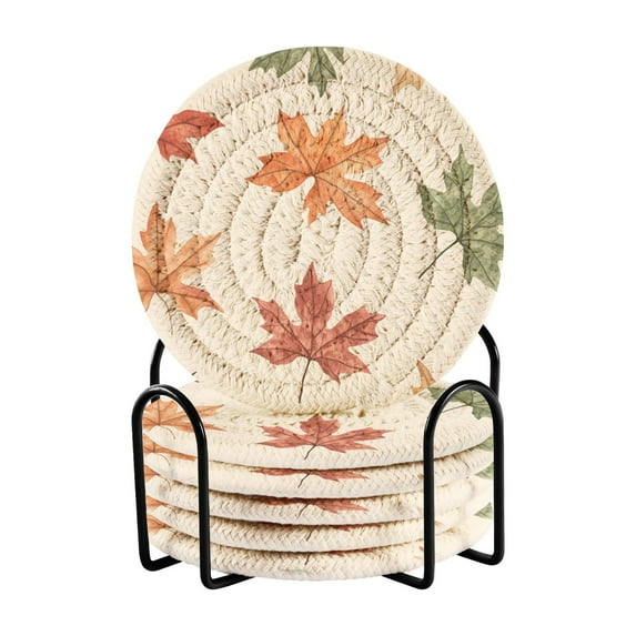 Yayeee 6 PCS Drink Coasters with Holder Set Woven Absorbent Round Tabletop Hot Pad, Brown Autumn Leaves