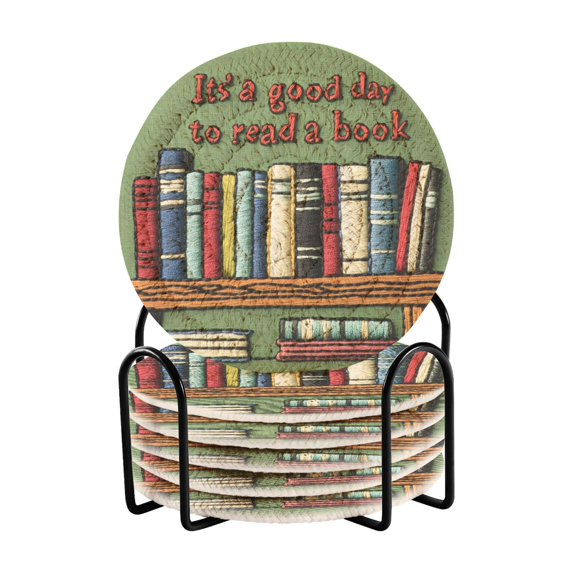 Yayeee 6 PCS Drink Coasters with Holder Set Woven Absorbent Round Tabletop Hot Pad, Brown Book Shelf