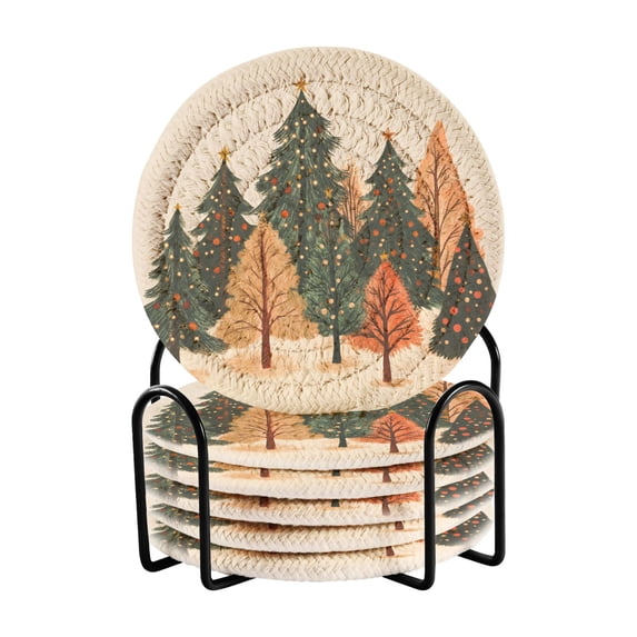 Yayeee 6 PCS Drink Coasters with Holder Set Woven Absorbent Round Tabletop Hot Pad, Brown Christmas Trees