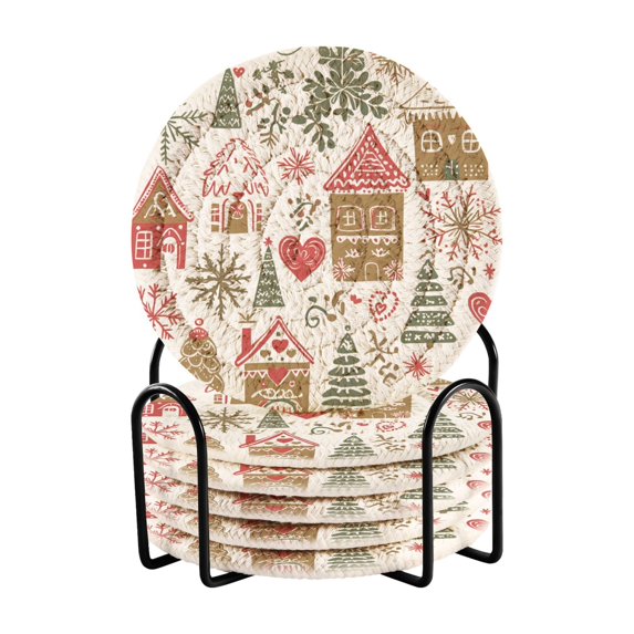 Yayeee 6 PCS Drink Coasters with Holder Set Woven Absorbent Round Tabletop Hot Pad, Brown Nordic Christmas House