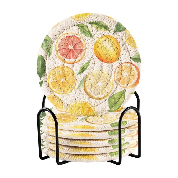 Yayeee 6 PCS Drink Coasters with Holder Set Woven Absorbent Round Tabletop Hot Pad, Candy Lemon