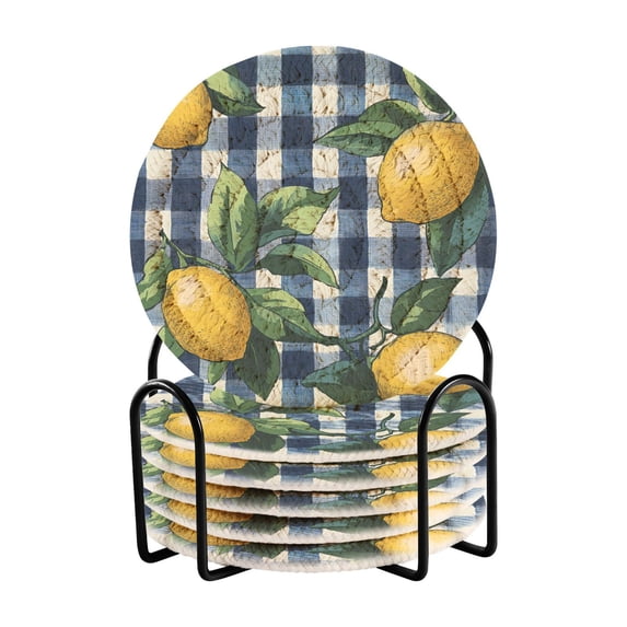 Yayeee 6 PCS Drink Coasters with Holder Set Woven Absorbent Round Tabletop Hot Pad, Cartoon Beige Lemon