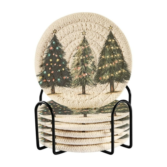 Yayeee 6 PCS Drink Coasters with Holder Set Woven Absorbent Round Tabletop Hot Pad, Cartoon Christmas Trees