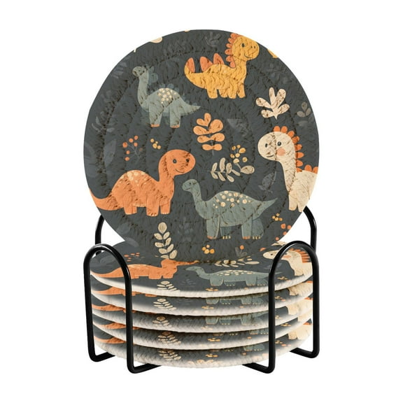 Yayeee 6 PCS Drink Coasters with Holder Set Woven Absorbent Round Tabletop Hot Pad, Cartoon Dinosaur