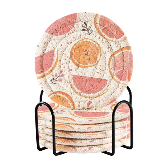 Yayeee 6 PCS Drink Coasters with Holder Set Woven Absorbent Round Tabletop Hot Pad, Citrus Slice