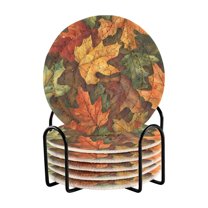 Yayeee 6 PCS Drink Coasters with Holder Set Woven Absorbent Round Tabletop Hot Pad, Colorful Autumn Leaves