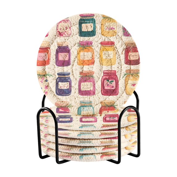 Yayeee 6 PCS Drink Coasters with Holder Set Woven Absorbent Round Tabletop Hot Pad, Colorful Jam