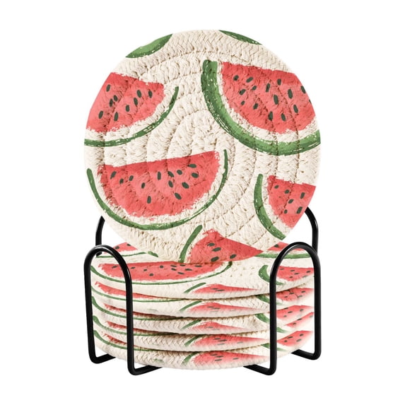 Yayeee 6 PCS Drink Coasters with Holder Set Woven Absorbent Round Tabletop Hot Pad, Cute Watermelon
