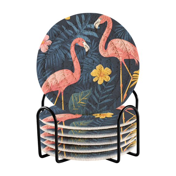 Yayeee 6 PCS Drink Coasters with Holder Set Woven Absorbent Round Tabletop Hot Pad, Floral Flamingo