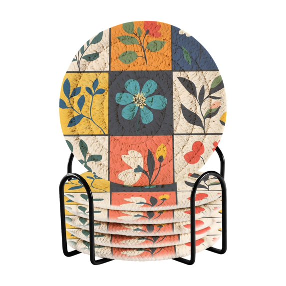 Yayeee 6 PCS Drink Coasters with Holder Set Woven Absorbent Round Tabletop Hot Pad, Floral Patterns