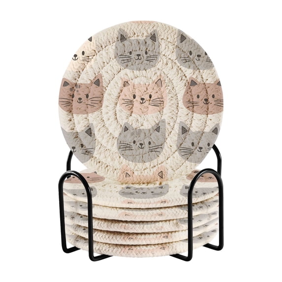 Yayeee 6 PCS Drink Coasters with Holder Set Woven Absorbent Round Tabletop Hot Pad, Gray Cat Pattern