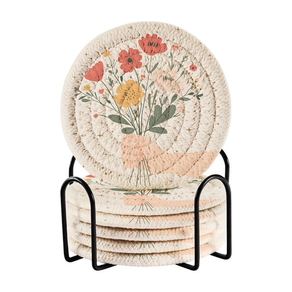 Yayeee 6 PCS Drink Coasters with Holder Set Woven Absorbent Round Tabletop Hot Pad, Gray Cute Flower