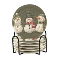 Yayeee 6 PCS Drink Coasters with Holder Set Woven Absorbent Round Tabletop Hot Pad, Gray Cute Snowmen