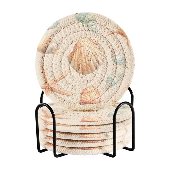 Yayeee 6 PCS Drink Coasters with Holder Set Woven Absorbent Round Tabletop Hot Pad, Gray Seashell
