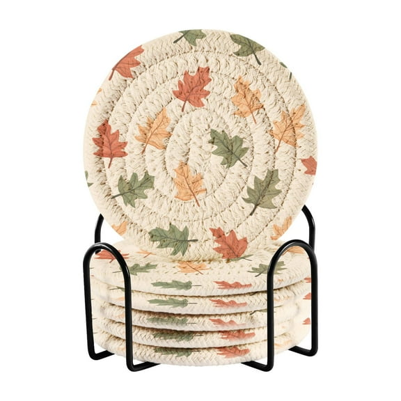 Yayeee 6 PCS Drink Coasters with Holder Set Woven Absorbent Round Tabletop Hot Pad, Green Autumn Leaves