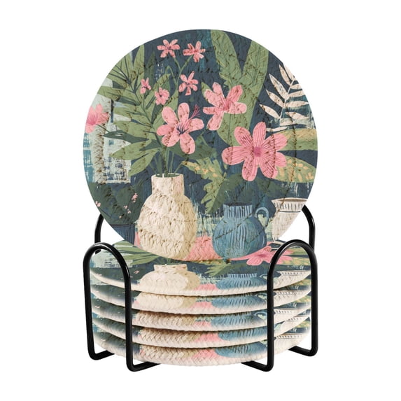 Yayeee 6 PCS Drink Coasters with Holder Set Woven Absorbent Round Tabletop Hot Pad, Green Floral
