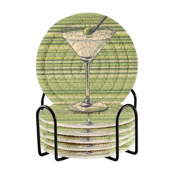 Yayeee 6 PCS Drink Coasters with Holder Set Woven Absorbent Round Tabletop Hot Pad, Green Martini Glass