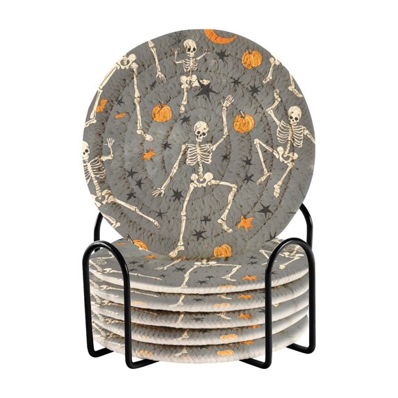 Yayeee 6 PCS Drink Coasters with Holder Set Woven Absorbent Round Tabletop Hot Pad, Halloween Dancing Skeleton