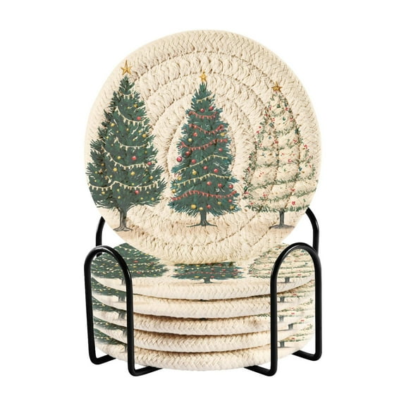 Yayeee 6 PCS Drink Coasters with Holder Set Woven Absorbent Round Tabletop Hot Pad, Hand Drawn Christmas