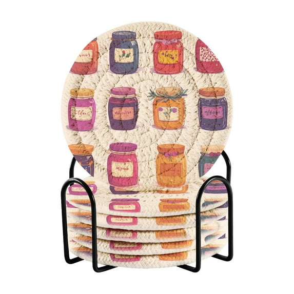 Yayeee 6 PCS Drink Coasters with Holder Set Woven Absorbent Round Tabletop Hot Pad, Jam Jars