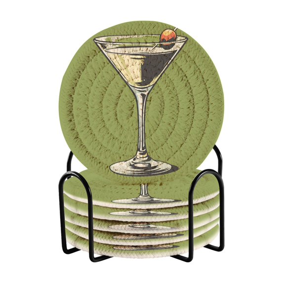 Yayeee 6 PCS Drink Coasters with Holder Set Woven Absorbent Round Tabletop Hot Pad, Light Black Martini