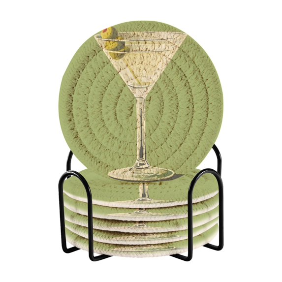 Yayeee 6 PCS Drink Coasters with Holder Set Woven Absorbent Round Tabletop Hot Pad, Martini with Olive