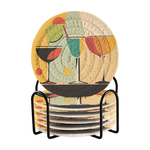 Yayeee 6 PCS Drink Coasters with Holder Set Woven Absorbent Round Tabletop Hot Pad, Modern Glass