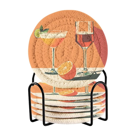 Yayeee 6 PCS Drink Coasters with Holder Set Woven Absorbent Round Tabletop Hot Pad, Orange Glasses