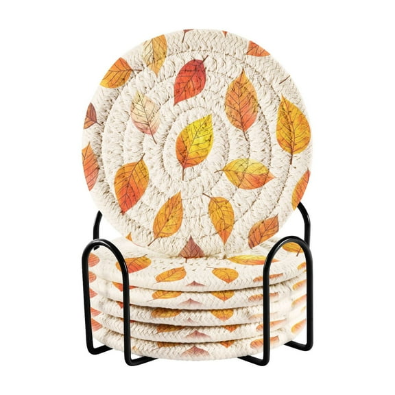 Yayeee 6 PCS Drink Coasters with Holder Set Woven Absorbent Round Tabletop Hot Pad, Orange Leaves