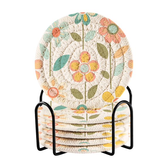 Yayeee 6 PCS Drink Coasters with Holder Set Woven Absorbent Round Tabletop Hot Pad, Orange Retro Flower