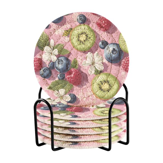 Yayeee 6 PCS Drink Coasters with Holder Set Woven Absorbent Round Tabletop Hot Pad, Pink Blueberries