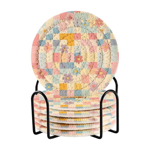 Yayeee 6 PCS Drink Coasters with Holder Set Woven Absorbent Round Tabletop Hot Pad, Pink Floral
