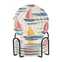 Yayeee 6 PCS Drink Coasters with Holder Set Woven Absorbent Round Tabletop Hot Pad, Pink Hand Drawn Sailboats