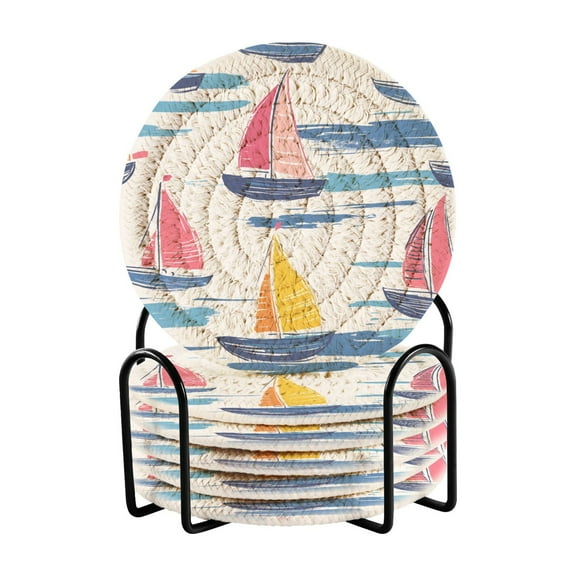 Yayeee 6 PCS Drink Coasters with Holder Set Woven Absorbent Round Tabletop Hot Pad, Pink Hand Drawn Sailboats