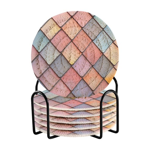 Yayeee 6 PCS Drink Coasters with Holder Set Woven Absorbent Round Tabletop Hot Pad, Pink Shimmering Pattern