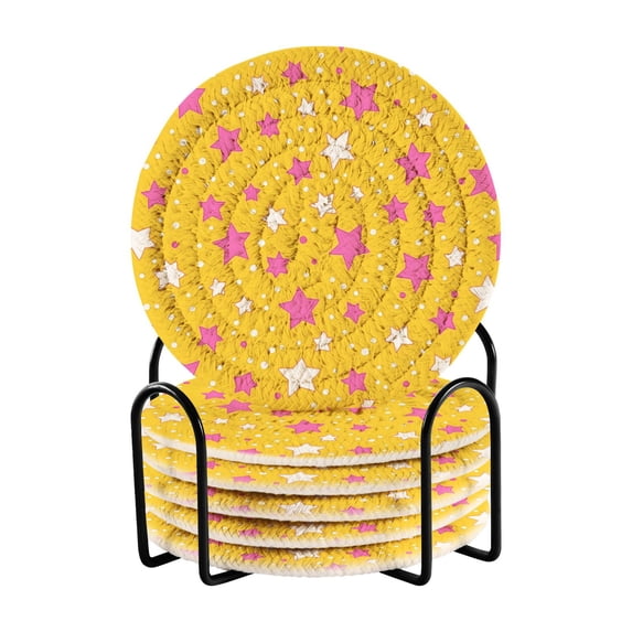 Yayeee 6 PCS Drink Coasters with Holder Set Woven Absorbent Round Tabletop Hot Pad, Pink Stars
