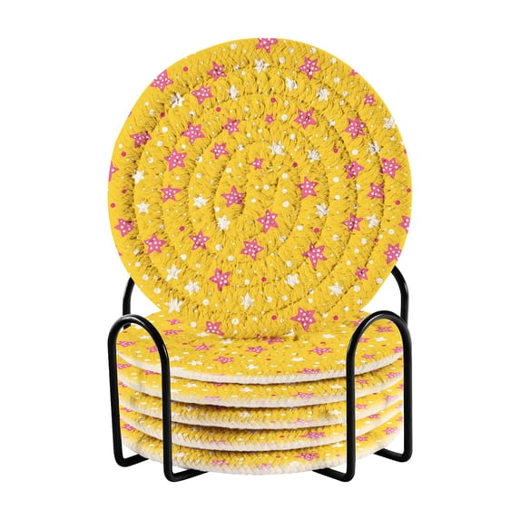 Yayeee 6 PCS Drink Coasters with Holder Set Woven Absorbent Round Tabletop Hot Pad, Pink White Stars