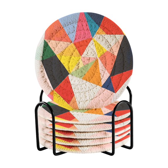 Yayeee 6 PCS Drink Coasters with Holder Set Woven Absorbent Round Tabletop Hot Pad, Purple Triangles
