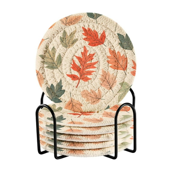 Yayeee 6 PCS Drink Coasters with Holder Set Woven Absorbent Round Tabletop Hot Pad, Red Autumn Leaves