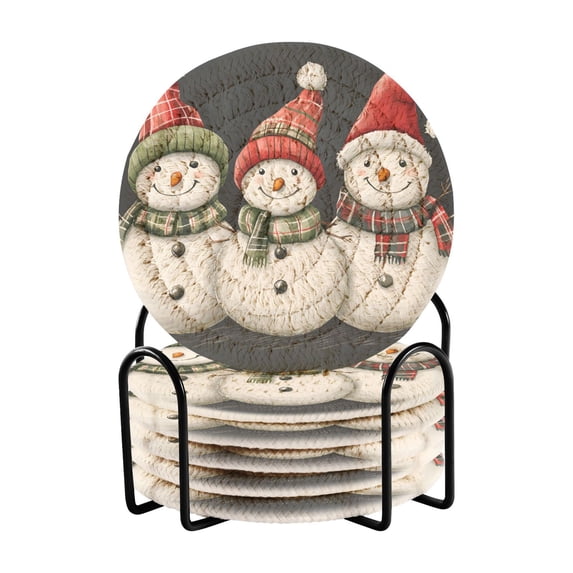 Yayeee 6 PCS Drink Coasters with Holder Set Woven Absorbent Round Tabletop Hot Pad, Red Snowmen
