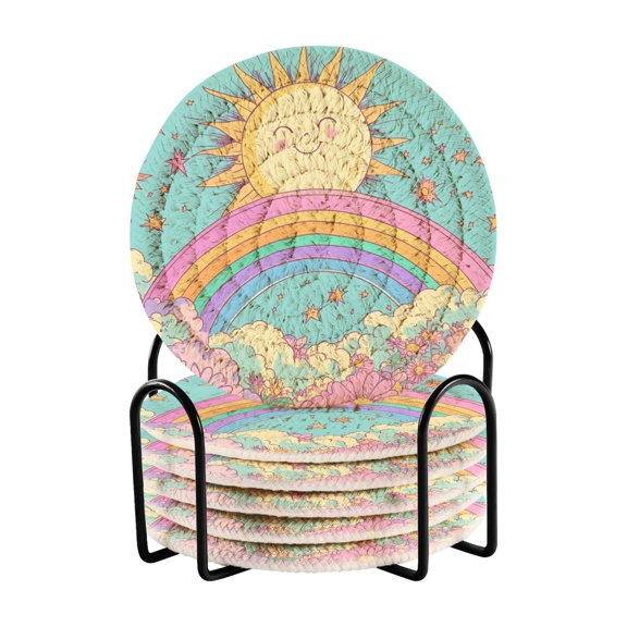 Yayeee 6 PCS Drink Coasters with Holder Set Woven Absorbent Round Tabletop Hot Pad, Retro Blue Rainbow