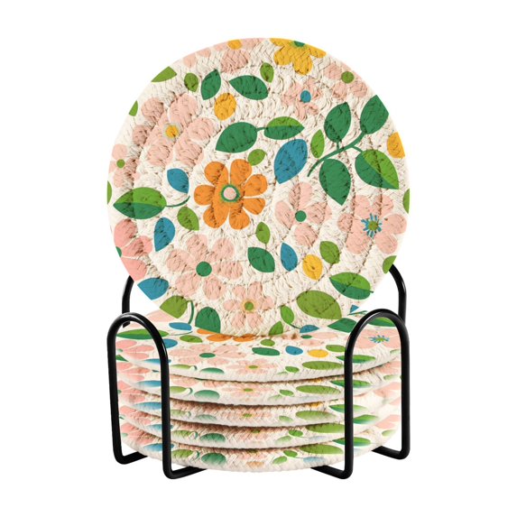 Yayeee 6 PCS Drink Coasters with Holder Set Woven Absorbent Round Tabletop Hot Pad, Retro Orange Floral